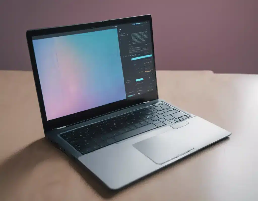 A laptop with coloured screen on table.