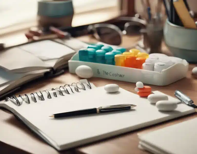 Desk with open notebooks, a pen, assorted pills, and a colorful weekly pill organizer in a well-lit workspace.