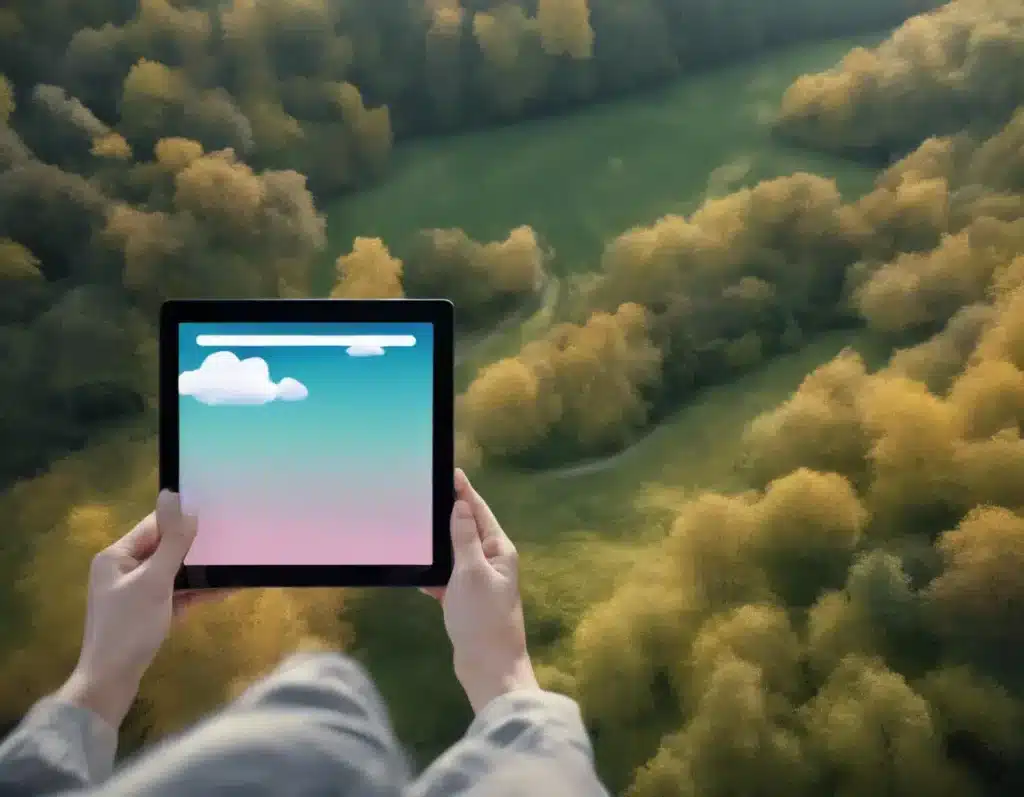 Person holding a tablet with a cartoonish sky display, overlooking a lush green forest with winding paths.
