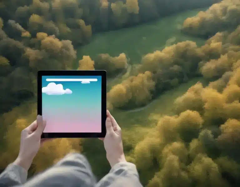 Person holding a tablet with a cartoonish sky display, overlooking a lush green forest with winding paths.